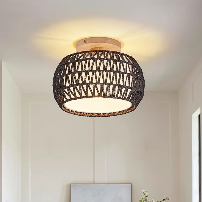 Boho Rattan Ceiling Light Fixture - 3 Style Options Wicker Semi Flush Mount Ceiling Lights,Black Bohemian Woven Basket Chandelier,Coastal Light Fixtures for Hallway Bedroom Nursery Playroom Laundry