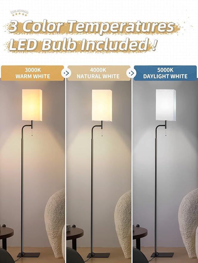 Floor Lamps for Living Room with 3 Color Temperatures, Modern Standing Tall Lamp for Bedroom, Square Linen Shade, Minimalist Pole Lamp for Office Kids Room Working Reading