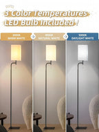Floor Lamps for Living Room with 3 Color Temperatures, Modern Standing Tall Lamp for Bedroom, Square Linen Shade, Minimalist Pole Lamp for Office Kids Room Working Reading
