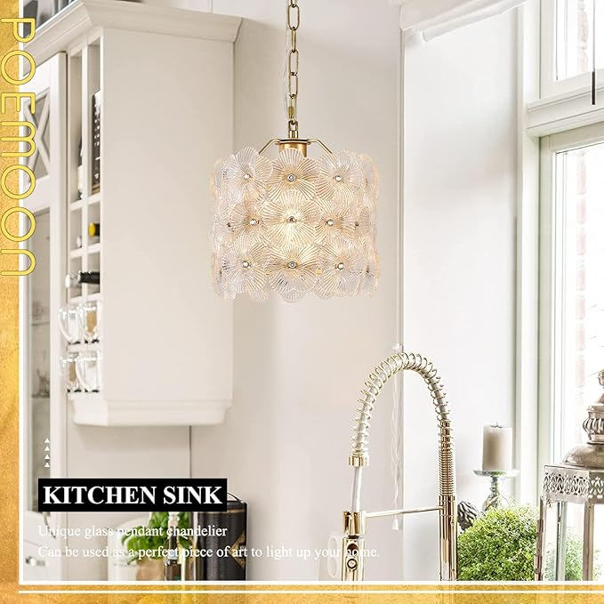 Gold Glass Pendant Light 1-Pack Modern Flower Small Ceiling Pendant Lighting 1-Light for Kitchen Island Sink Dining Room Bedroom Entryway Hallway, E26