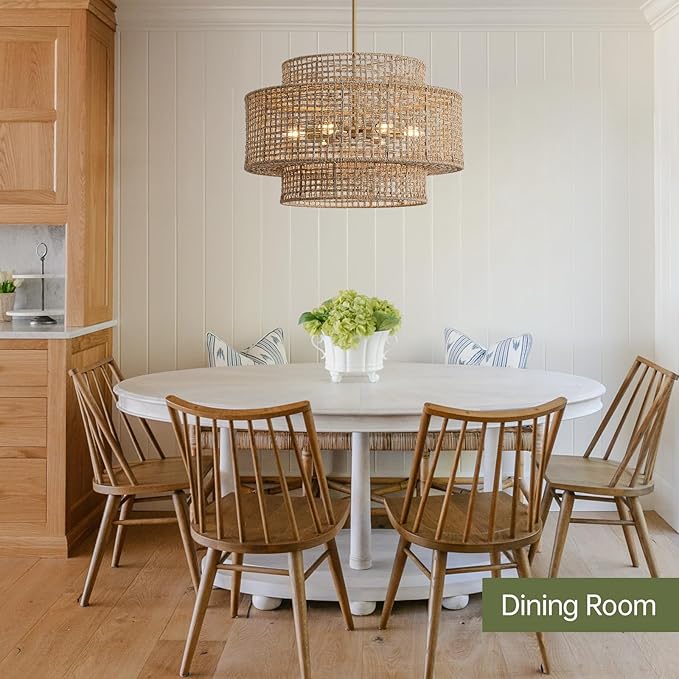 24” Rattan Chandelier for Dining Room, Large Boho 6-Light Rustic Chandeliers Light Fixture with Wicker Shade, Hand Woven Farmhouse Pendant Lighting for Kitchen Bedroom, Living Room, Foyer