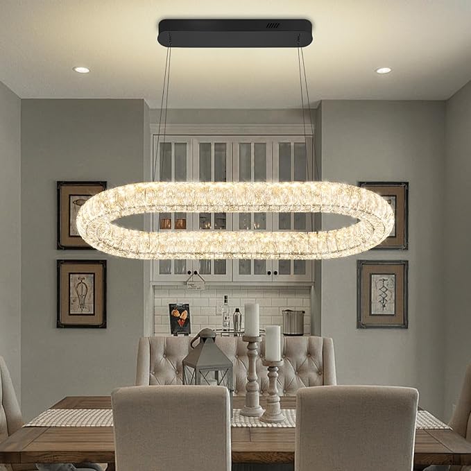 Oval Crystal Chandelier, 31.5'' Black Crystal Ring Pendant Light for Kitchen Island Modern Linear Oval Chandeliers for Dining Room Dimmable 3000K-6000K