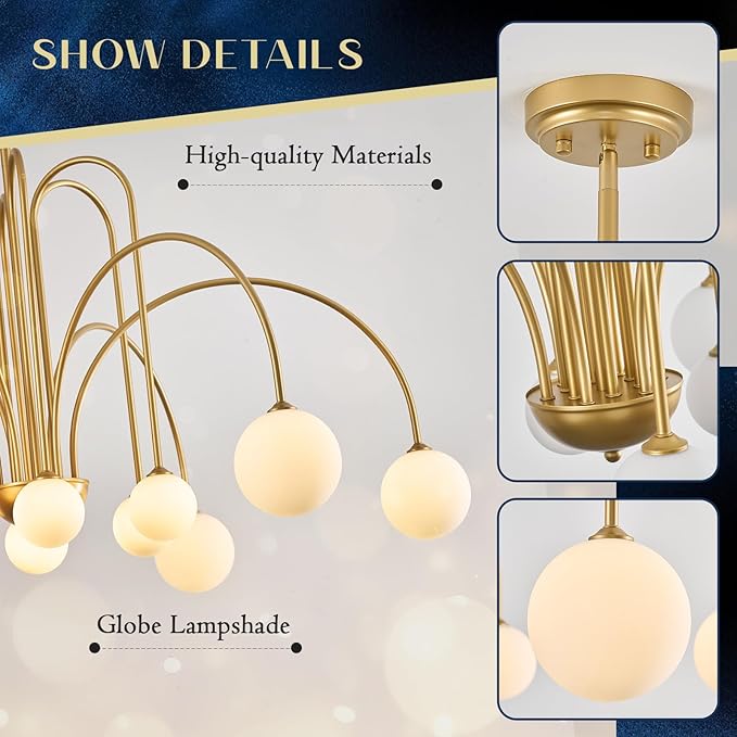 Large Gold Sputnik Chandelier Mid Century 12 Lights Modern L52” Milk Glass Globe Ceiling Pendant Light Fixture for High Ceiling Foyer Staircase Living Dining Room