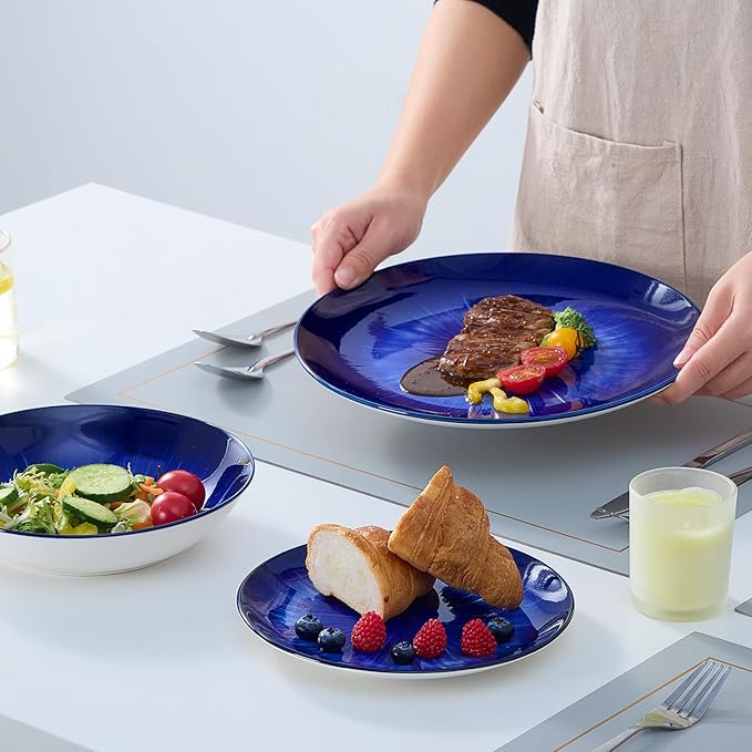 Bestone Porcelain Dinnerware Sets Service for 4, 12 pcs Hand drawn Plates and Bowls Sets, Handmade Ceramic Dish Set, Chip Resistant Modern Plate Set, Dishwasher/Microwave Safe，Dark Blue