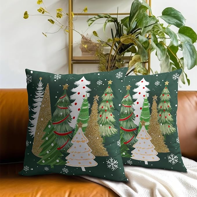 Christmas Throw Pillow Covers 20x20 Set of 2, Gold Green Xmas Trees Decorative Throw Pillows Seasonal Winter Soft Cotton Cushion Case for Sofa Couch Farmhouse Home Decor