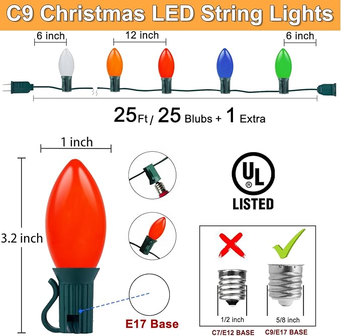 Couah 25Ft C9 Vintage Christmas LED String Lights with 27 Multicolor LED Bulbs, Hanging String Lights for Indoor Outdoor Roofline Party Wedding Christmas Decorations (Green Wire)