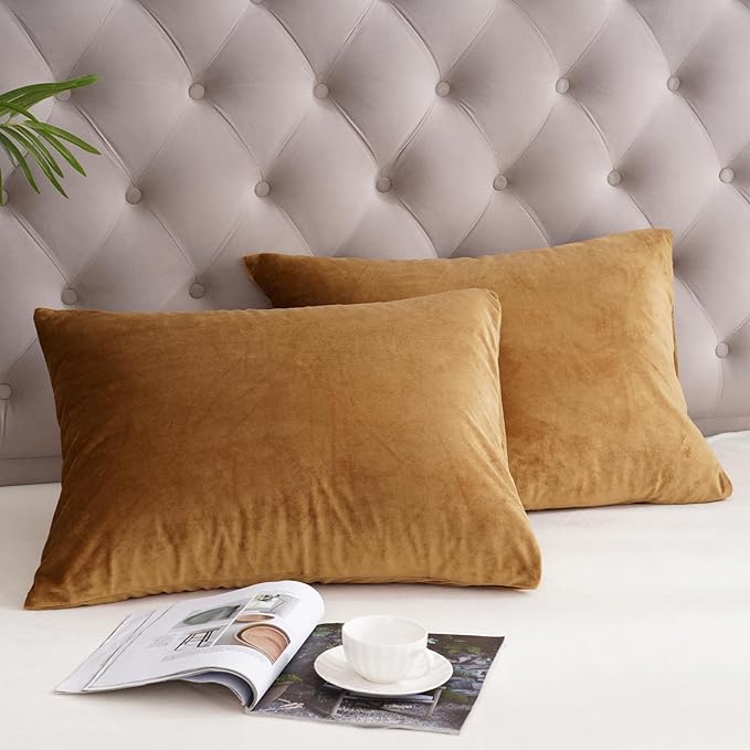 PHF Super Soft Velvet Pillowcases Standard Size, No Insert, 2 Pack Luxury Cozy Warm Pillow Shams Covers with Envelope Closure, 20" X 26" Cozy Fuzzy Flannel Pillow Case, Brownish Camel