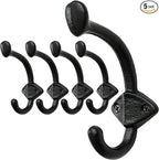 SKOLOO Heavy Duty Black Wall Hooks, Farmhouse Style Cast Iron Hooks, Pack of 5, Ideal for Backpack, Coat, and Towel Hooks - Perfect for Entryway, Mud Room, and Bathroom Storage
