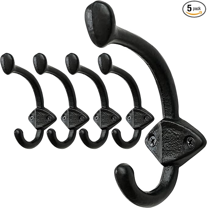 SKOLOO Heavy Duty Black Wall Hooks, Farmhouse Style Cast Iron Hooks, Pack of 5, Ideal for Backpack, Coat, and Towel Hooks - Perfect for Entryway, Mud Room, and Bathroom Storage