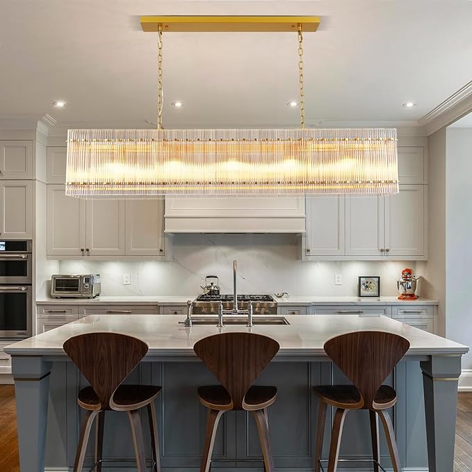 Modern Gold Chandeliers,55 in Chandelier for Dining Room, Rectangular Water Ripple Crystal Glass Chandeliers Lighting Fixture, Suit Living Room、Kitchen Island, Adjustable Hanging Chandelier