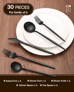 Stapava 30-Piece Matte Black Silverware Set, Stainless Steel Flatware Set for 6, Satin Finish Cutlery Include Forks Spoons and Knives Set for Home Restaurant, Dishwasher Safe Utensils Set