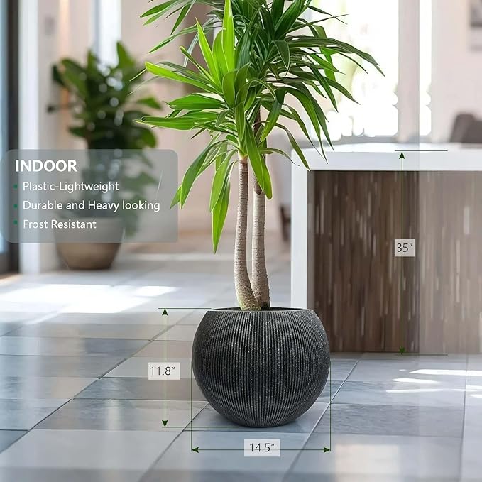 11.8 H x 14.5" Dia (8.9" Pot Opening) Plastic Round Black Planters for Outdoor Plants, Resin Flower Pot for Indoor and Outdoor Plants, Plant Pot with Drainage Holes and Plug for Home Patio Garden