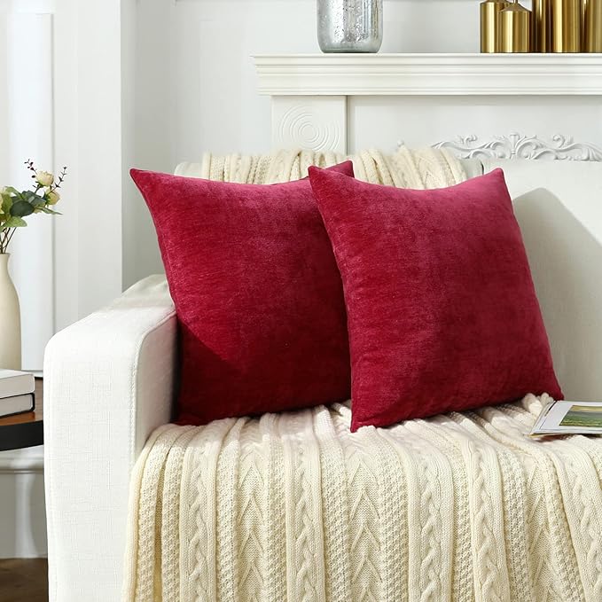 Jeneoo Decorative Bright Red Throw Pillow Covers Rustic Farmhouse Super Soft Square Chenille Comfy Solid Santa Cushion Couch Cases (Set of 2, 18 x 18 Inches)