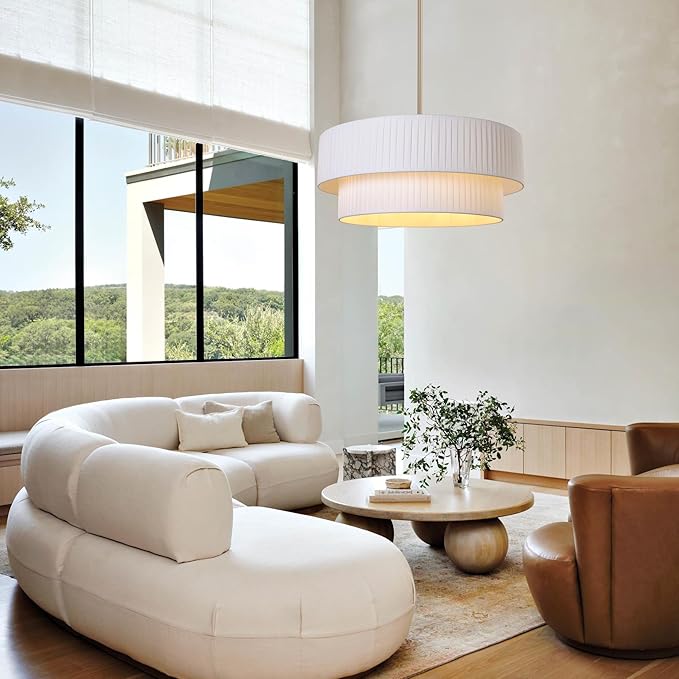 LamQee Large Modern Fabric Chandelier, 2-Layer 23.6inch Drum Light Fixture Gold Haning Ceiling Pendant Light with Adjustable Height for Dining Room Living Room Bedroom Kitchen Island