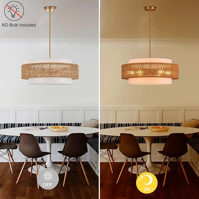 23.6" Rattan Chandelier with Linen Farmhouse Vintage Boho Hand Woven Bamboo Chandeliers Light Fixture Modern Drum Wicker Rattan Gold Chandelier for Dining Room, Kitchen, Living Room,Foyer