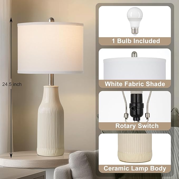 24.5″ Modern Ceramic Table Lamp for Nightstand, Farmhouse Bedside Lamp for Bedroom, Small Table Lamps for Living Room End Table, Beige (1 Pack)