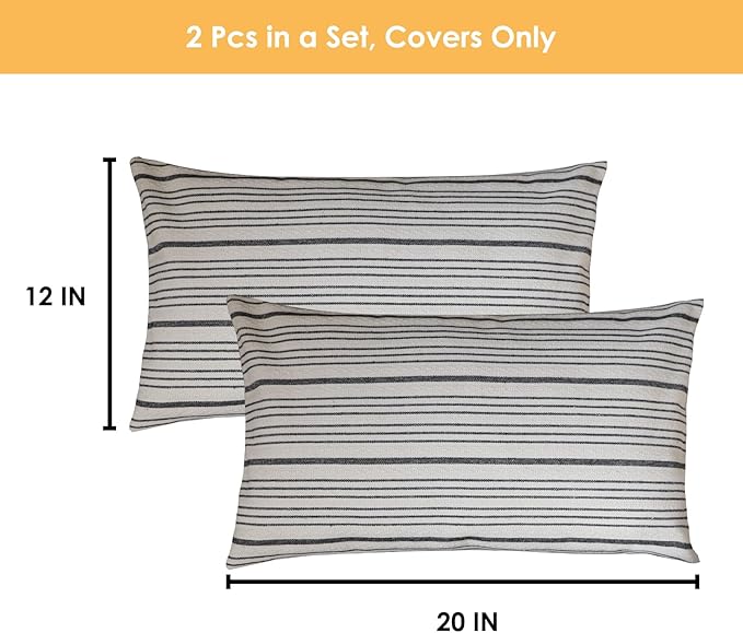 Black Lumbar Pillow Covers Farmhouse Linen Throw Pillow Covers Pack of 2 Striped Outdoor Decorative Throw Pillows for Couch Sofa Bed 12 x 20IN Black and Cream