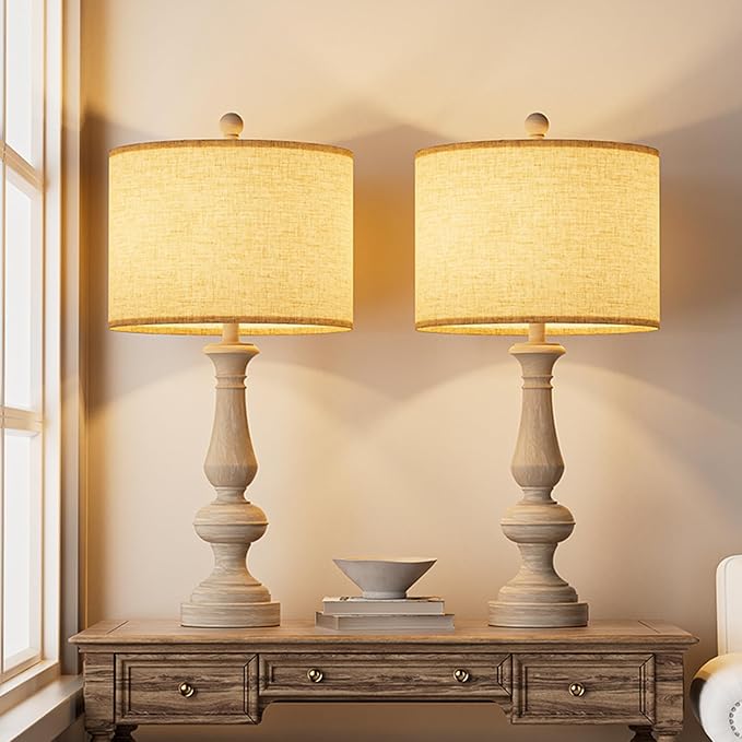 26" Farmhouse Resin Table Lamp for Bedroom Set of 2, Retro Bedside Lamps for Nightstand with USB C+A Ports, 3 Color Temperature Desk Lamp, Vintage Table Lamps for Living Room (2 Bulbs Included)