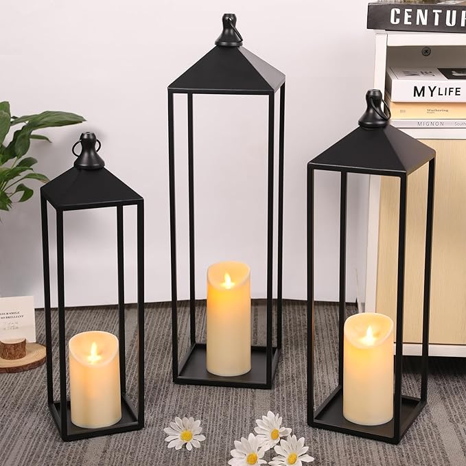 22'' 19'' 17'' Lanterns Decorative Outdoor Indoor, Set of 3 Black Metal Candle Lanterns Halloween Lanterns Modern Farmhouse Floor Lantern Decor for Room, Porch, Mantle, Patio, Garden