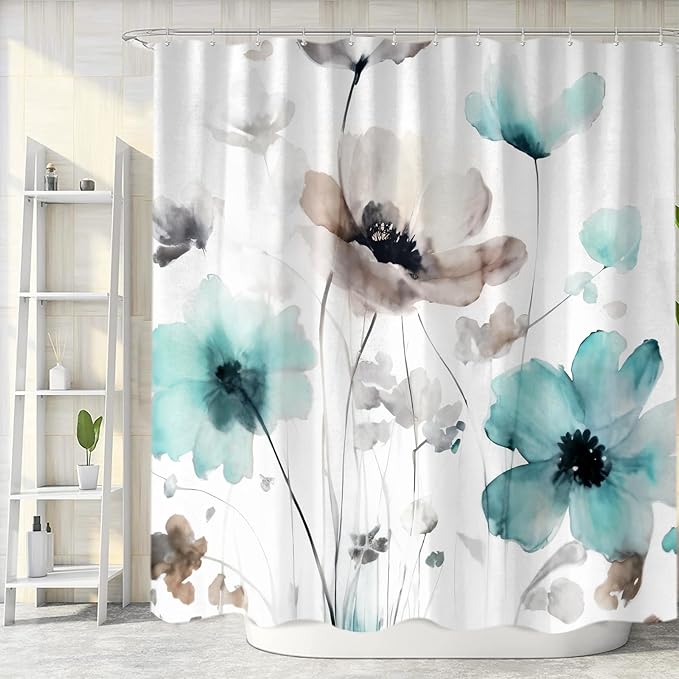 Boho Floral Shower Curtain, Cream Tan Beige Teal Grey White Flower Farmhouse Fabric Shower Curtains Set for Bathroom Decorative with Hooks 72 X 78 inch Spring Bath Decor