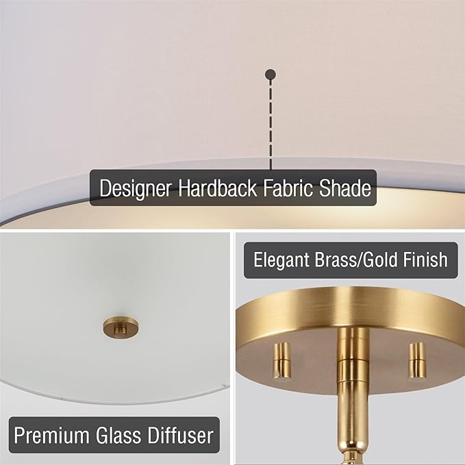 Kira Home Nolan 18" Classic 3-Light Drum Pendant Chandelier, White Fabric Shade + Round Glass Diffuser, Adjustable Height, Cool Brass Finish