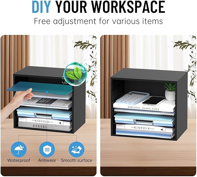 5-Tier Wood Desk Organizer, Paper Tray Organizer for Desk with Adjustable Storage Shelves, Desktop Paper Sorter Mail Holder for Office Home Classroom, Black