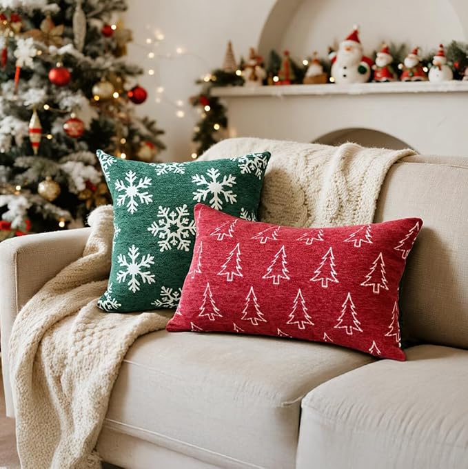 Soft Chenille Christmas Pillow Covers 18x18 Set of 2, Reversible Snowflake & Tree Pattern, Thick & Cozy Farmhouse Holiday Cushion Cases with Hidden Zipper for Sofa Couch Bed(Green,18x18)