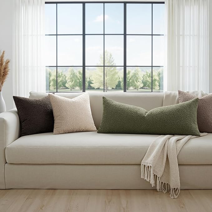 MIULEE Textured Boucle Throw Pillow Cover Olive Green Accent Solid Lumbar Pillow Case Decorative Soft Pack of 1 Couch Cushion Chair Sofa Bedroom Livingroom Home Decor,36x14 Inch