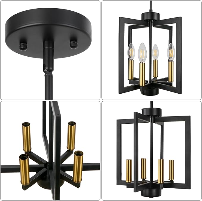4-Light Farmhouse Chandelier Dining Room, Modern Black and Gold Chandelier For Foyer, Geometric Pendant Light Kitchen Island, Industrial Hanging Light Fixture For Entryway, Kitchen, Bedroom, Stairway