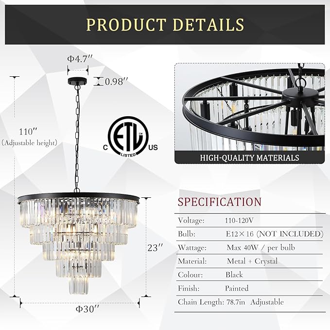 Large Black Crystal Chandeliers 30” Modern Chandelier for High Ceiling Foyer 5 Tiers 16 Lights Contemporary K9 Ceiling Pendant Light Fixture for Staircase Dining Room Bedroom
