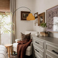 ALOADECOR 75" 1-Light Matte Black Arc Floor Lamp with Brown Rattan Shade and Marble Base Farmhouse Rattan Floor Lamp for Living Room Dining Room Bedroom