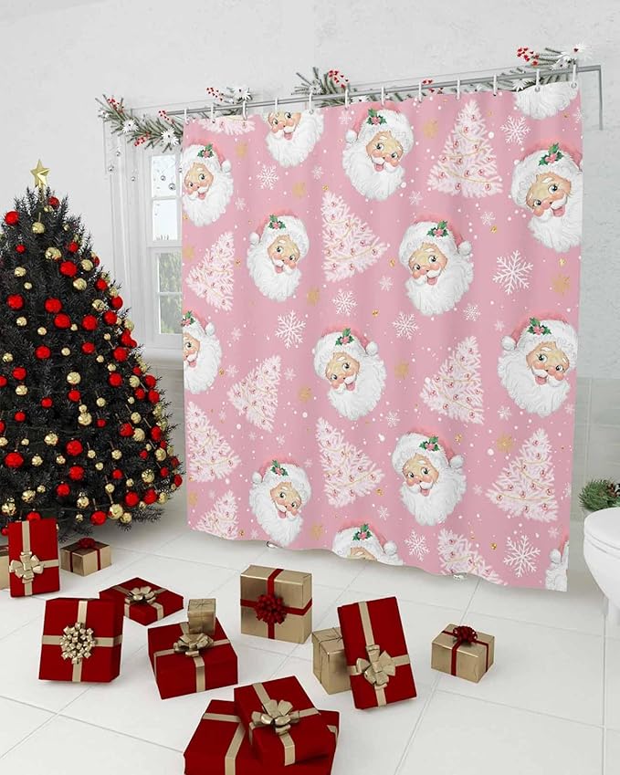 Pink Christmas Shower Curtain, Santa Claus Merry Christmas Tree Shower Curtains Set with Hooks, Winter Snowflake Waterproof Fabric Bathroom Curtains Decor Home Accessories,72 X 72 Inch Long