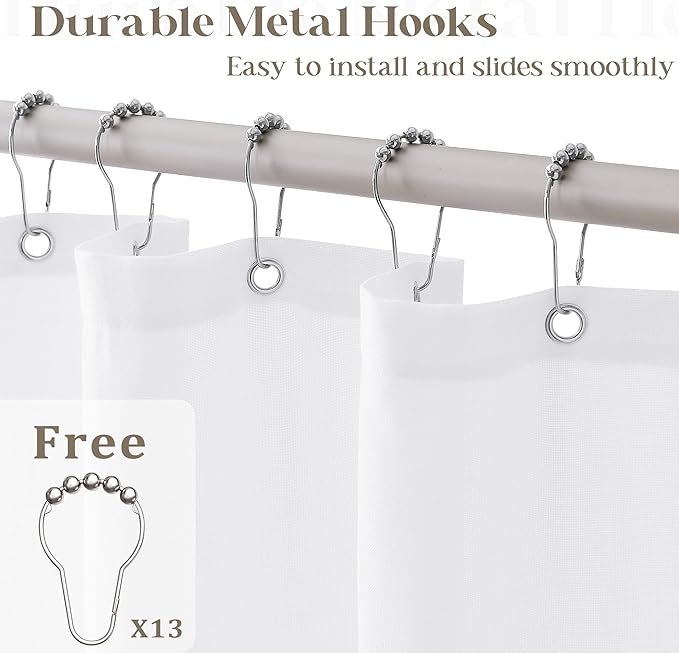 White 80 Inch Long Shower Curtain Linen Cotton Cloth Fabric Shower Curtains for Bathroom with Hooks Set Farmhouse Boho Modern Extra Long Water Repellent Off White Bath Drapes, 72x80 in Length