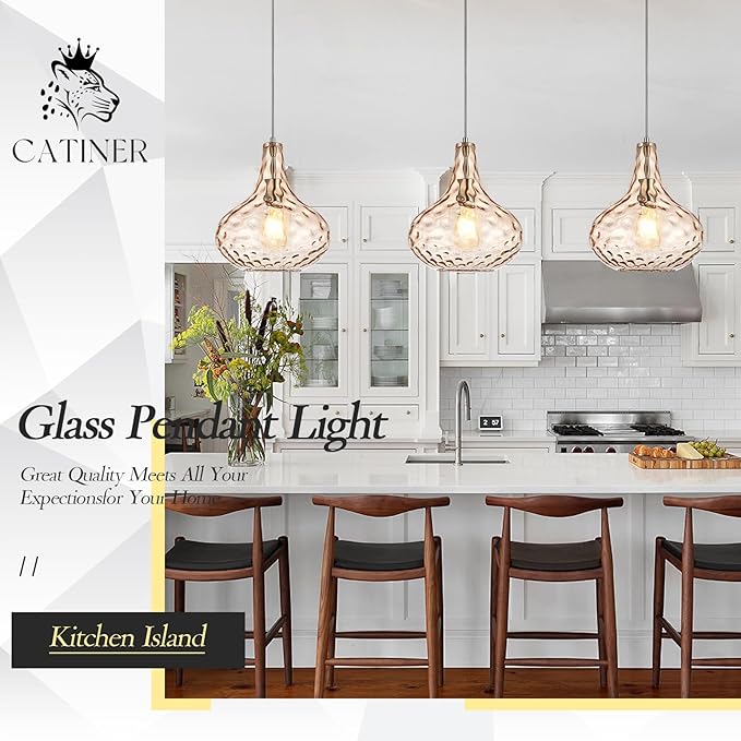 11" Amber Hammered Glass Pendant Light, Blown Glass Hanging Light Fixture with Brushed Nickel Finish, Vintage Modern Ceiling Light for Kitchen Island, Dining Room, Hallway, Living Room