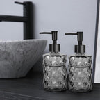 11oz Glass Soap Dispenser with Plastic Pump, Clear Black Bathroom Soap Dispenser for Hand Wash & Dish Wash, Elegant Dispenser for Dishwashing Liquid, Lotion, Shower Gel, Essential Oil