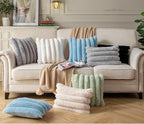Faux Fur Plush Throw Pillow Covers 18x18 Inch Set of 2 - Luxury Decorative Fuzzy Striped Soft Cozy Pillowcase for Couch, Sofa, Living Room - Blue