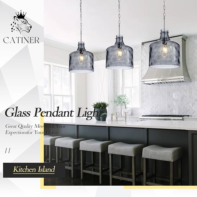 16" Extra Large Farmhouse Pendant Light – Hand-Blown Smoked Gray Hammered Glass Shade, Polished Chrome Finish, Adjustable Chain Hanging Light Fixture for Kitchen Island, Dining Room, Hallway