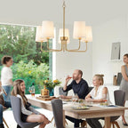 AMZASA Antique Brass Gold Chandelier with Shades, Electroplated Finish, 5 Light Modern Farmhouse Chandeliers with White Fabric Shade, Linear Island Chandelier Lights for Dining Room,Kitchen,Foyer