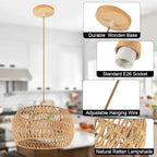 Rattan Pendant Light Fixture Ceiling Bohemian Chandelier Flush Mount Hanging Light 12.99-inch Small Woven Lamp Shade Wooden Base Basket for Kitchen Island Hallway Bedroom Dinning Table