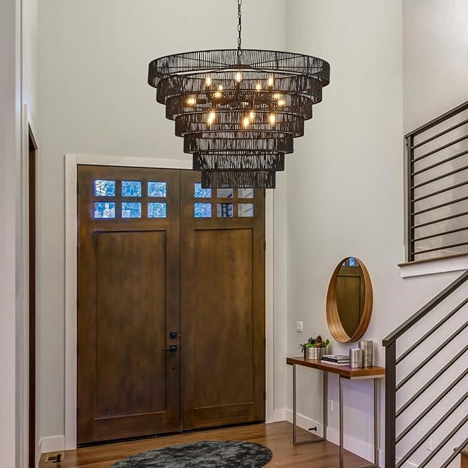 39.4“ Large Black Rattan Chandelier Vintage Farmhouse 15-Lights Boho Hand-Woven Bamboo Chandeliers Light Fixture Rustic Drum Wicker Chandelier for Dining Room, Living Room, Kitchen Island, E12