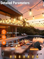 luckystyle 50FT LED Outdoor String Lights with Remote,16+ 1 Shatterproof Bulbs Waterproof and Dimmable Patio Lights for Porch, Garden, Backyard, Deck, Balcony, 2700K, Hanging Lighting