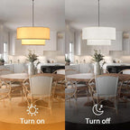 Linen Drum Pendant Light, 18” Double Drum Dining Room Light Fixture with Linen Lampshade, 3-Light Drum Chandeliers for Dining Room E26 Bulb Base