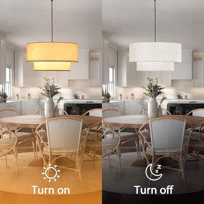 Linen Drum Pendant Light, 18” Double Drum Dining Room Light Fixture with Linen Lampshade, 3-Light Drum Chandeliers for Dining Room E26 Bulb Base