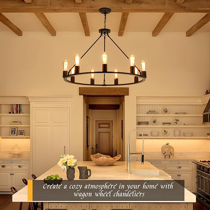 9-Lights Farmhouse Chandelier | Dia 32'' Black Wagon Wheel Chandelier | Rustic Hanging Dining Room Light Fixture | Apply to Living Room | Kitchen Island | Entryway | Foyer