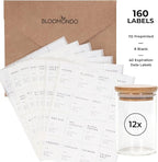 Empty Spice Jars with Label Pack (12x Bamboo Lid Glass Jar). Small 6oz Spice Storage Bottles with 112 Printed Stickers and 48 Writable Pantry Labels for Seasoning Containers