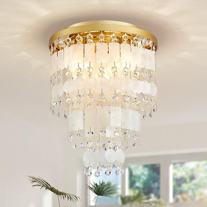 Capiz Shell Crystal Chandeliers, Close to Ceiling Coastal Style Light Fixture for Living Room, Bedroom, Dining Room, D13in x 14in, Clear Crystal & Gold Finish Frame