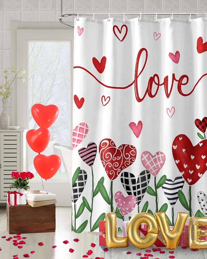 Vandarllin Valentine's Day Shower Curtain, Pink Red Love Shower Curtains Set with Hooks, Romantic Heart Leaves Waterproof Fabric Bathroom Curtains Decor Home Accessories,66 X 72 Inch Long