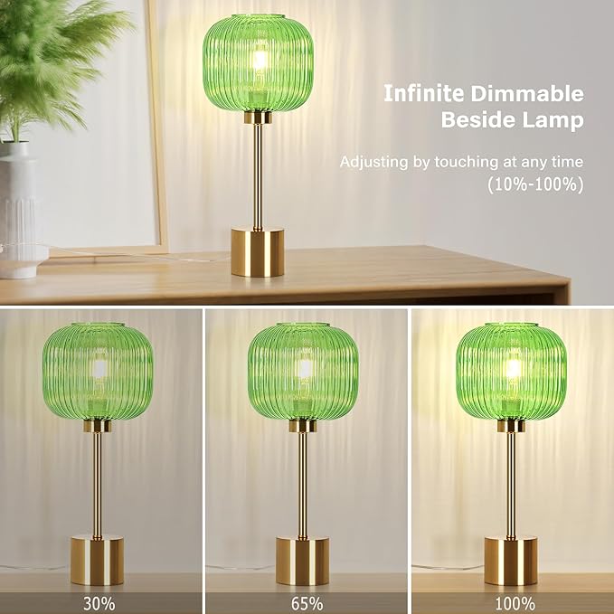 Green Glass Table Lamp with 3 Way Dimmable and Touch Control, Mid Century Modern Vintage Bedside Table Lamp for Bedroom Living Room End Table