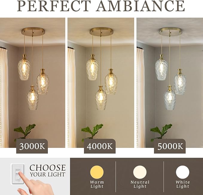 3-Light Pendant Lighting, Modern Brushed Gold Dining Room Chandelier Light Fixture Over Table with Hammered Glass, Brass Cluster Hanging Lights for Kitchen Island Dining Room Bedroom, E26
