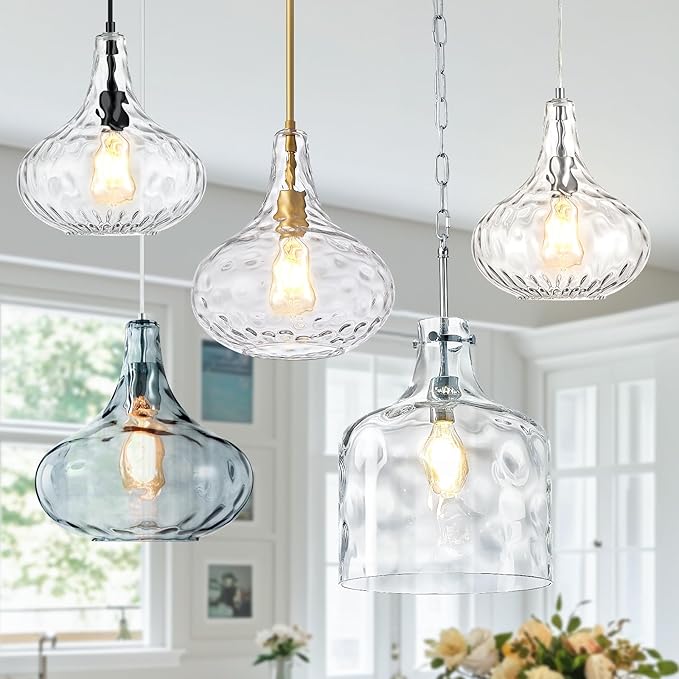 Glass Large Pendant Lights for Kitchen Island Blown Glass Pendant Light Clear Hammered Shade Hanging Ceiling Lights with Black Finish for for Kitchen Island, Sink, Hallway, Living Room 11 inch